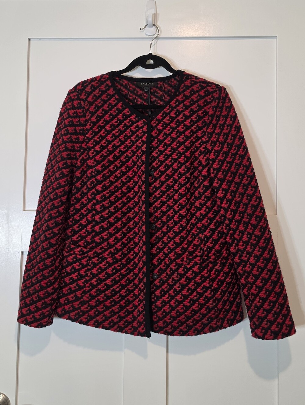 Talbots Wool Blnd Cardigan Knit Sweater Snap Down Red Black Houndstooth Large